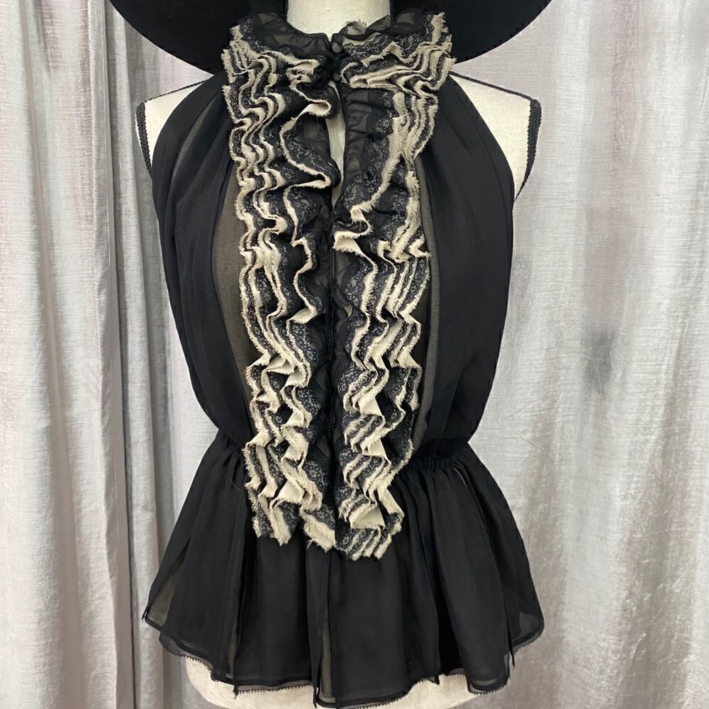 🌟 ROBERT RODRIGUEZ Ruffled Black & Cream Top - Picture 2 of 8